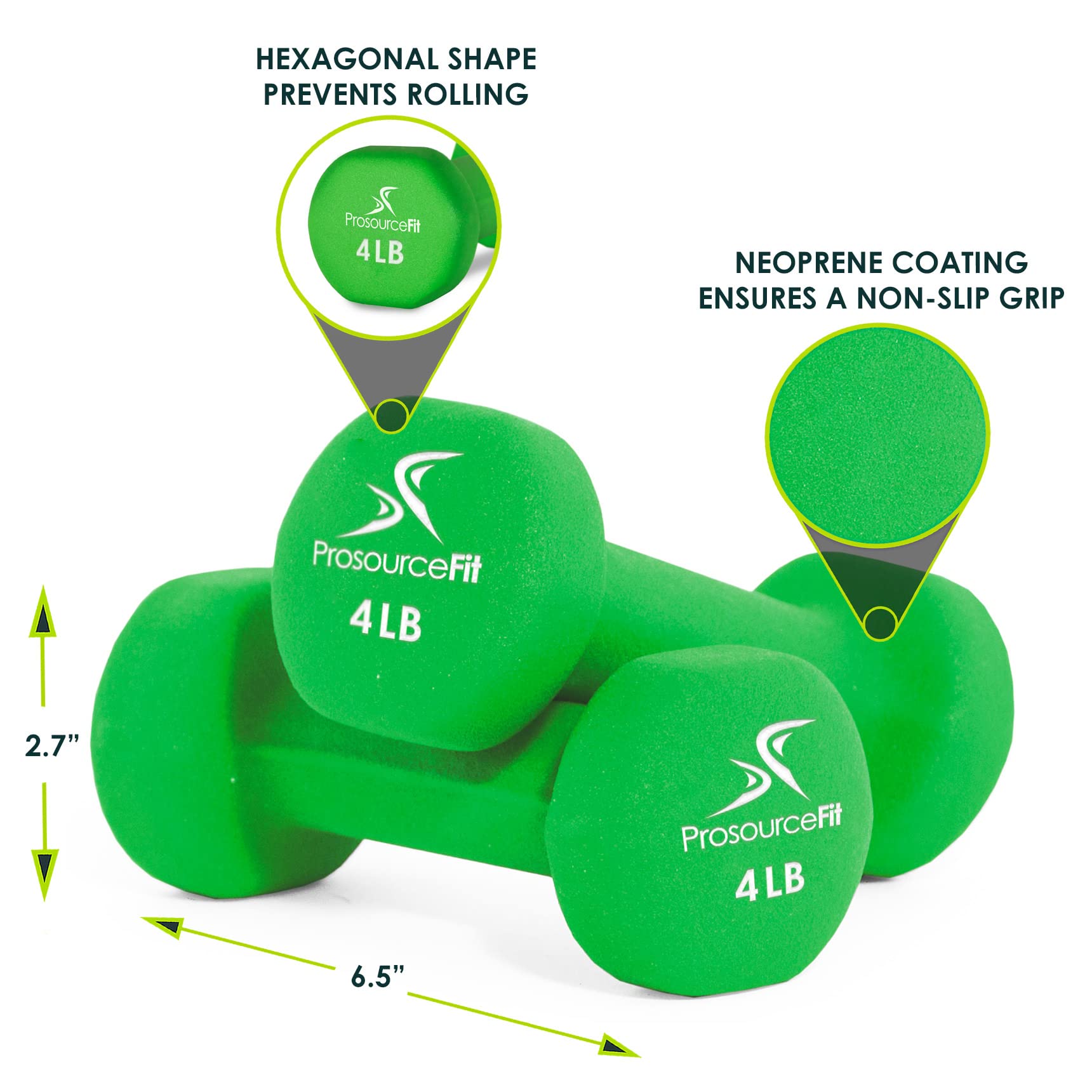ProsourceFit Set of 2 Neoprene Dumbbell Coated for Non-Slip Grip, Lime - 4LB