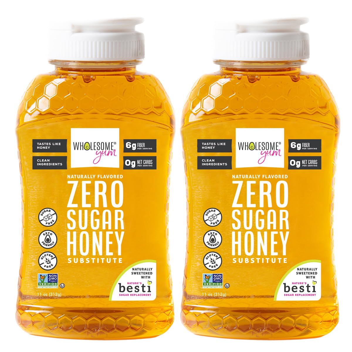 Wholesome Yum Zero Sugar Honey Substitute (2 Pack) - Natural Sugar Free Honey Alternative With Monk Fruit & Allulose - Zero Net Carbs, Non GMO, Gluten Free, Keto, No Aftertaste (11 oz)