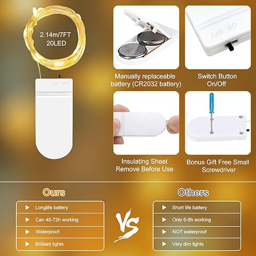 Miniatura 5 de Paquete de 16 Guirnalda de luces a pilas de 7 pies20 LED mini luces LED parpadeantes a batería, pequeñas luces de hadas para tarros de masón,