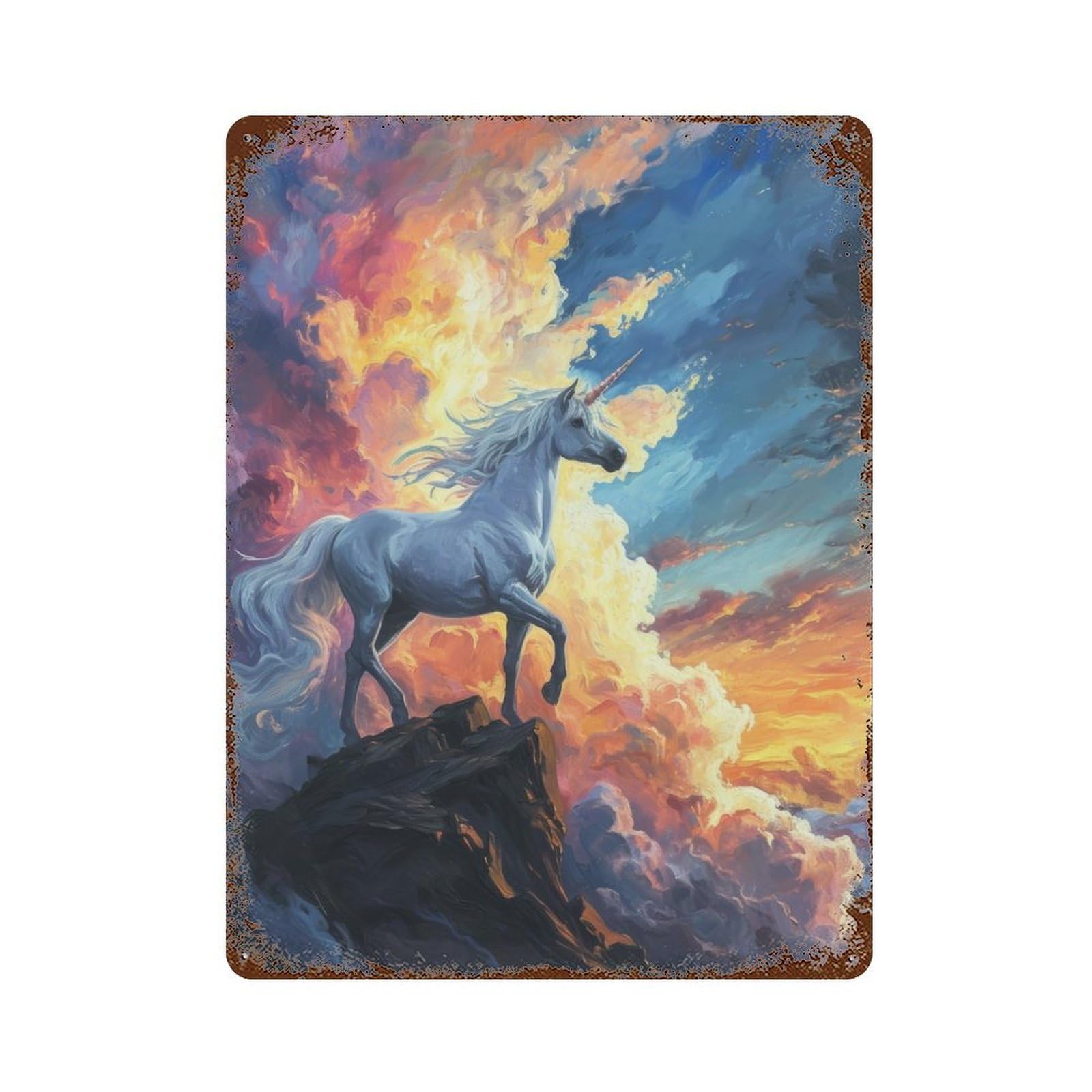 Mystical Unicorn Sunset Vintage Wall Sign 15.7"x11.8", Rust Effect Metal Decor for Office, Studio And Wall Decor
