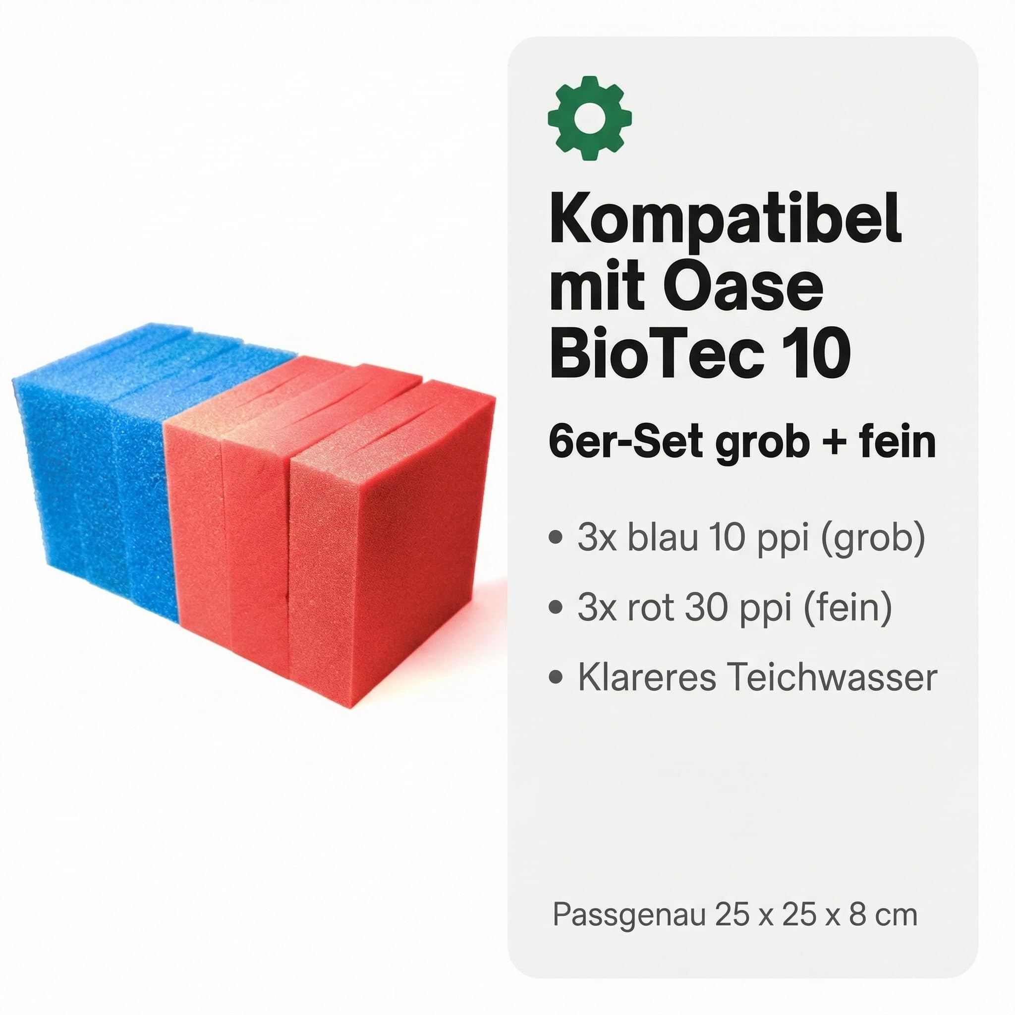 Pondlife Filterschwamm Teichfilter 6er-Set, kompatibel mit Oase BioTec 10, 25 x 25 x 8 cm, Filterschaum geschlitzt, 3X Blau grob 10 ppi + 3X Rot fein 30 ppi, Ersatz-Filterschwämme Gartenteich