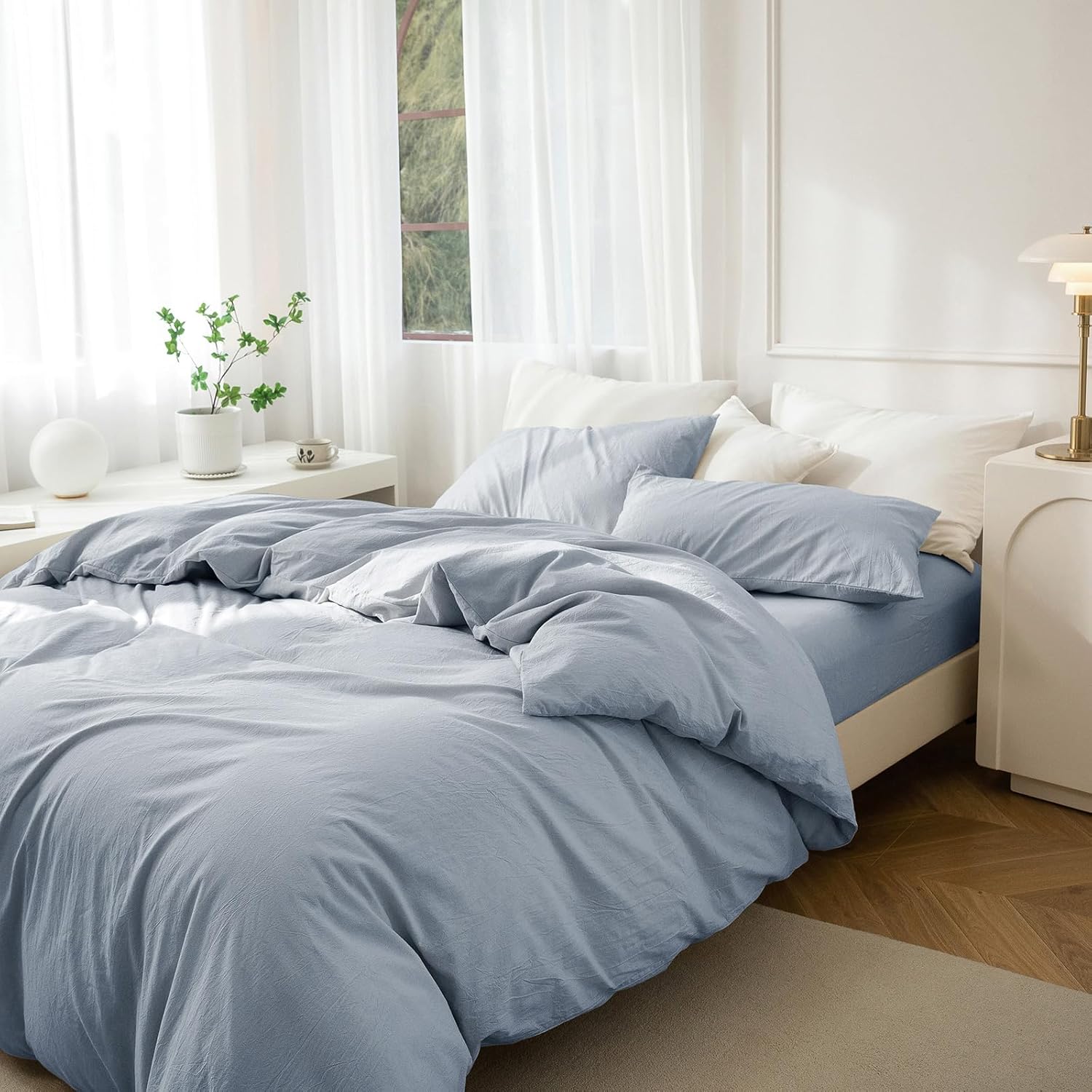 JIYUAN Oversized Queen Duvet Cover Set, 3-Piece - 100% Washed Cotton, Linen-Like Soft & Breathable with Zipper Closure, Includes 98x98 Inch Cover & 2 Pillowcases, Heathered Light Blue