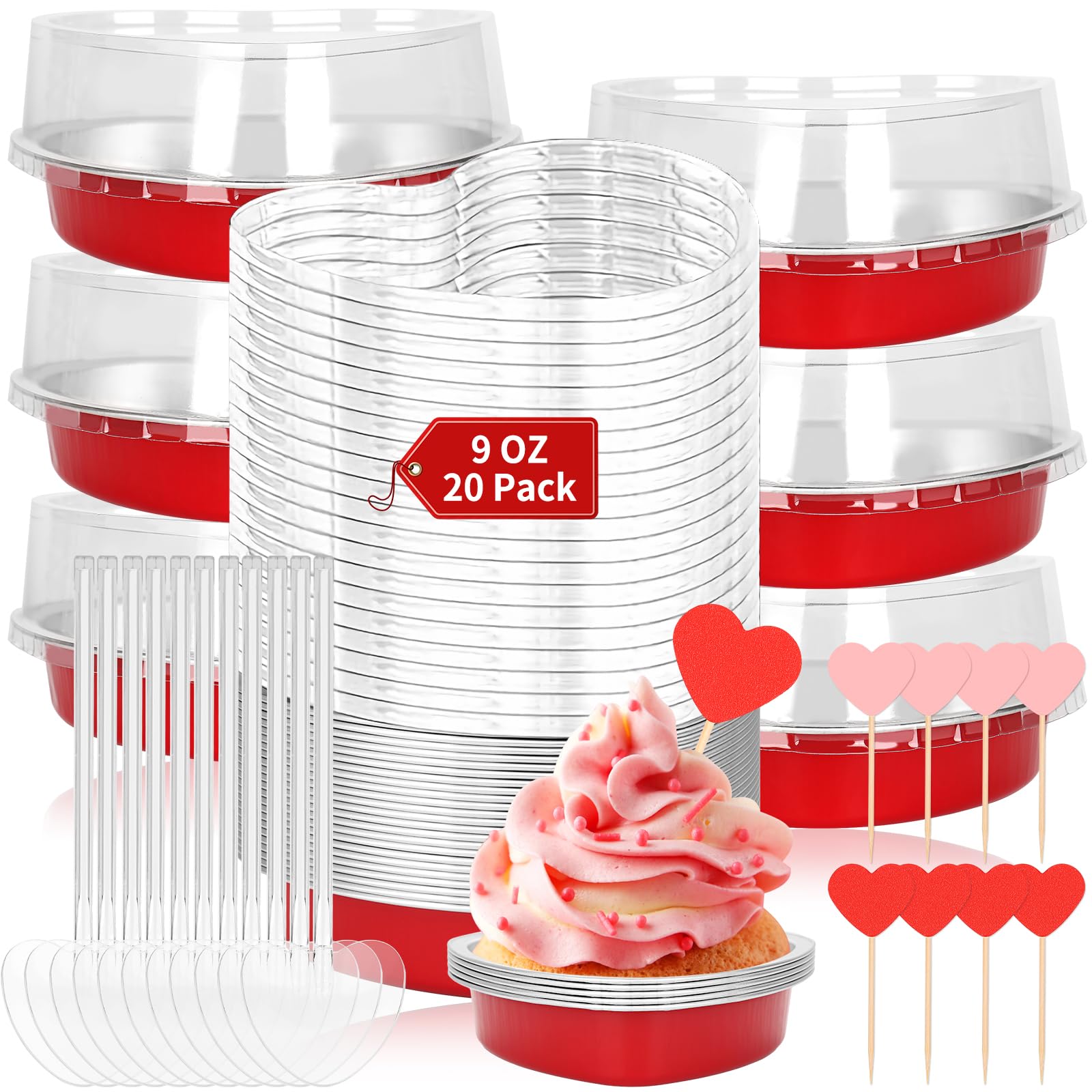 9oz Heart Shaped Cake Pans 20pcs Cake Containers with Lids Dessert Baking Cups Pans 5.4 Inch Disposable Aluminum Foil Mini Heart Cake Pan Liners for