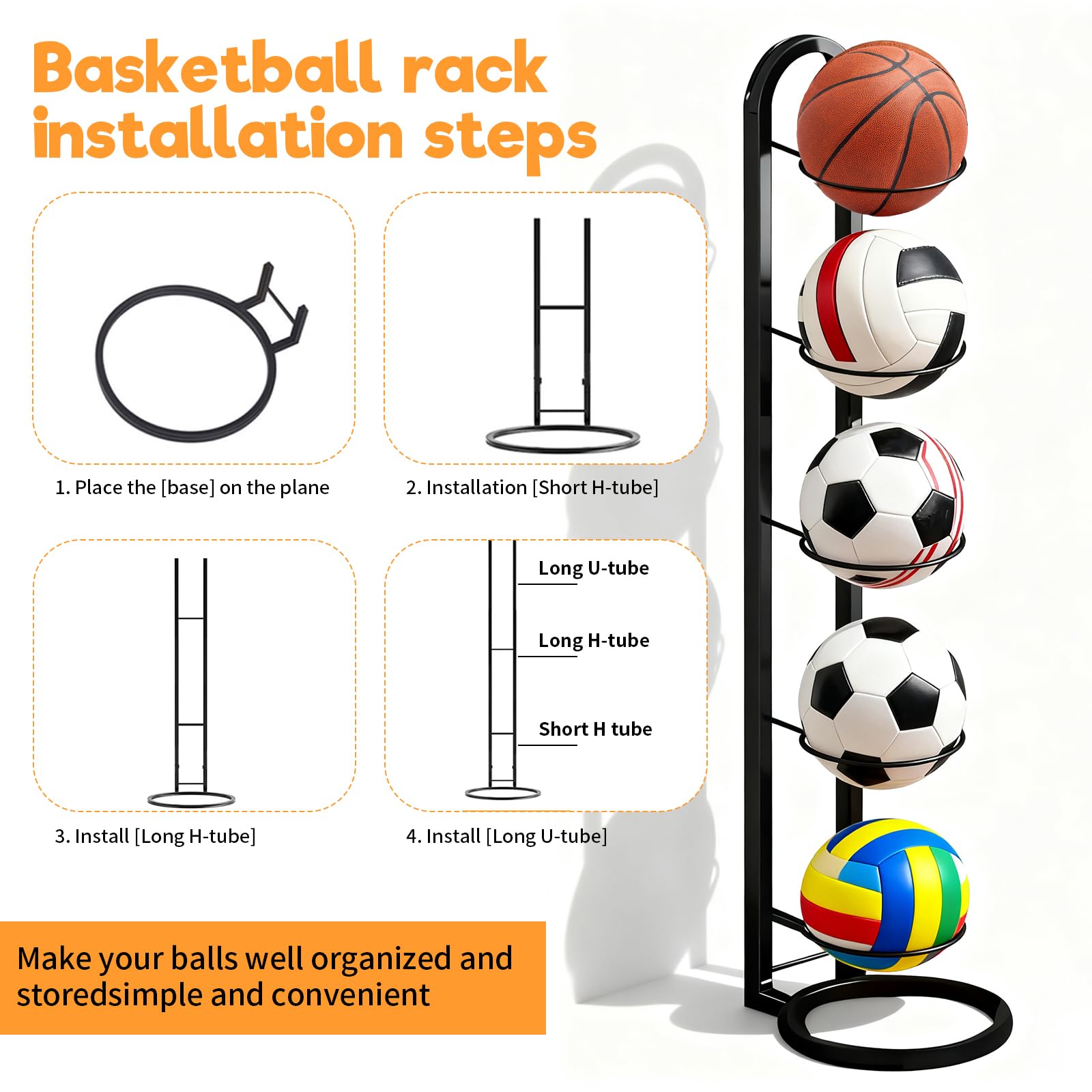 5 Stufiger Ballständer Schwarz, Vertical Ballhalter Abnehmbare Ballregal Sportgeräte Organizer Stabil und robust Balllagerregal für Basketball Fußball Volleyball