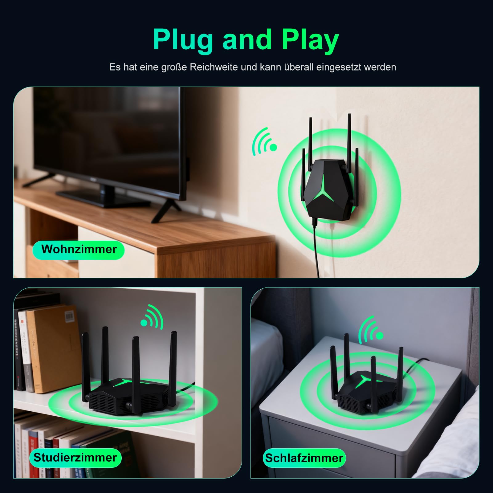 Répéteur WiFi, AC1200 Amplificateur de Signal WiFi Double Bande 2.4GHz et 5GHz, WiFi Extender Signal Booster avec 2 Port Ethernet, Jusqu'à 12000 Sq.ft (Noir)