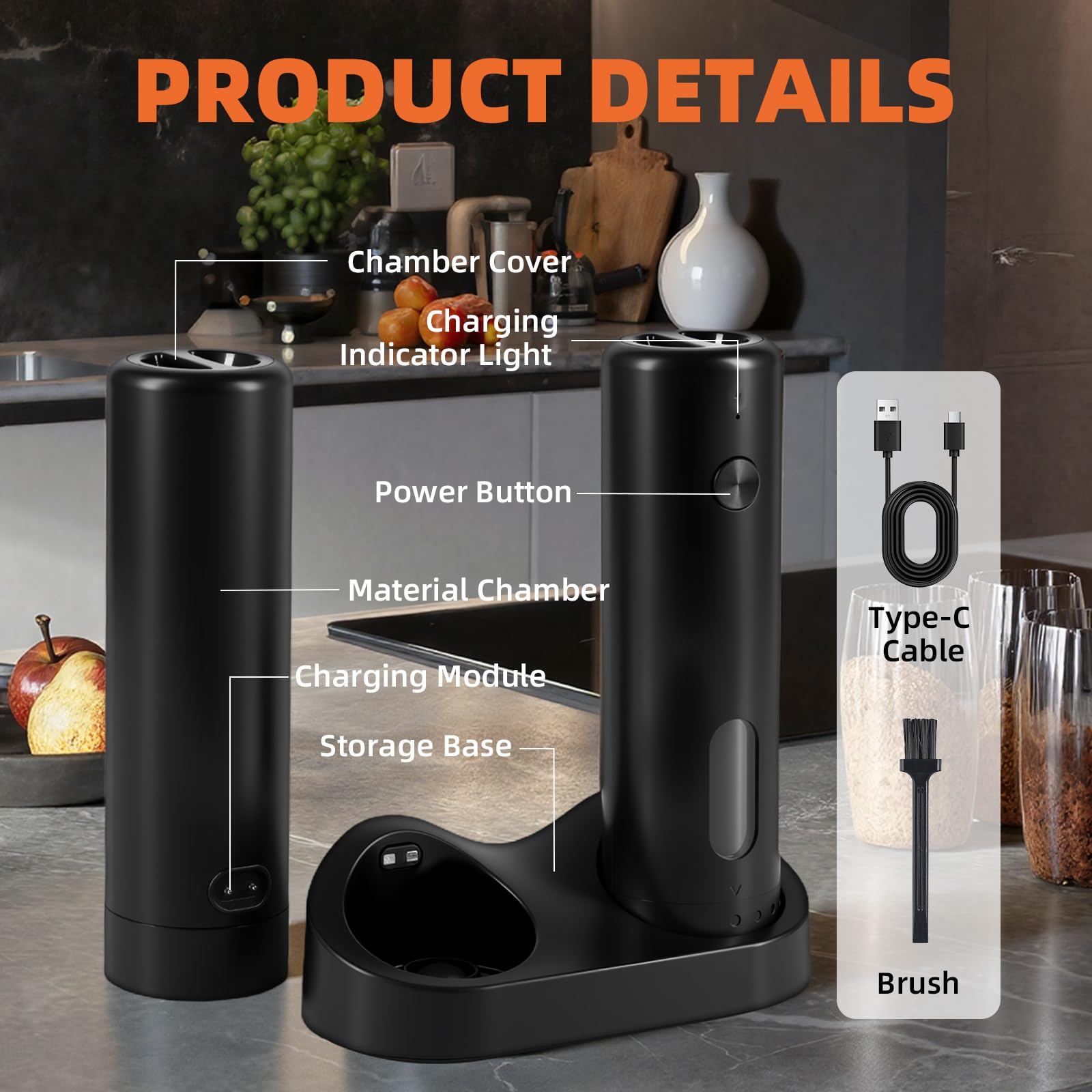 Molinillo Pimienta Eléctrico Set con Estación de Carga, Saleros de Cocina, Capacidad de 110ml, Molinillo de Sal Recargable con 5 Niveles de Ajuste, Molinillo de Cerámica con Cepillo