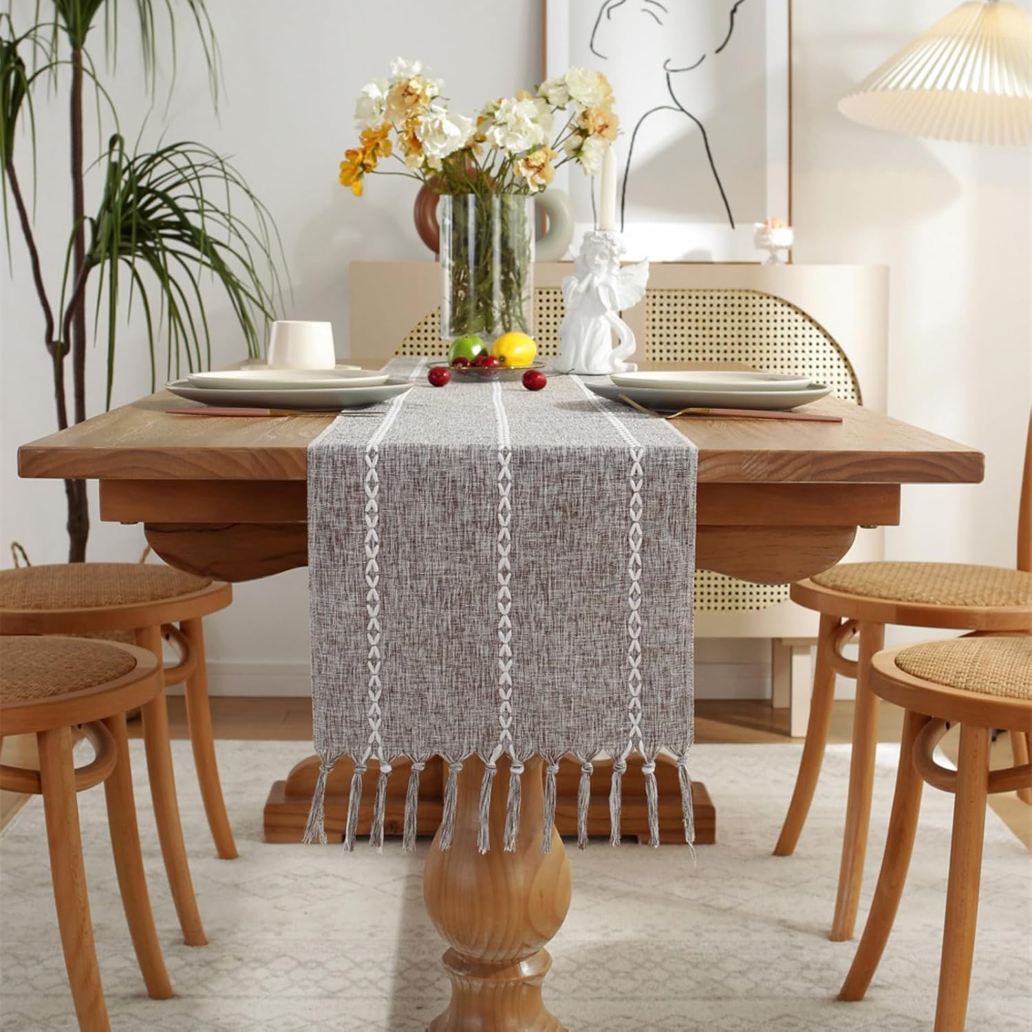 Linen Rustic Boho Style Table Runner with Handmade Tassels, Premium Quality Farmhouse Table Runner 108 Inches Long for Dining Table Decor, Holiday Party and Wedding, 13 x 108 inch, Blue