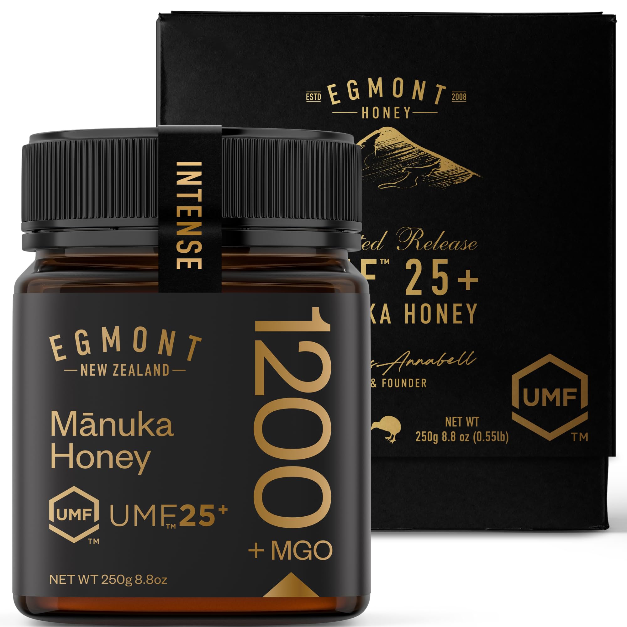 Egmont Honey Manuka Honig 1200+ MGO 25+ UMF | 250 g | 100% Reiner Manuka Honig aus Neuseeland, UMF-zertifiziert, Premium Qualität, Non-GMO, Koscher, Rückverfolgbar, Geschenkbox