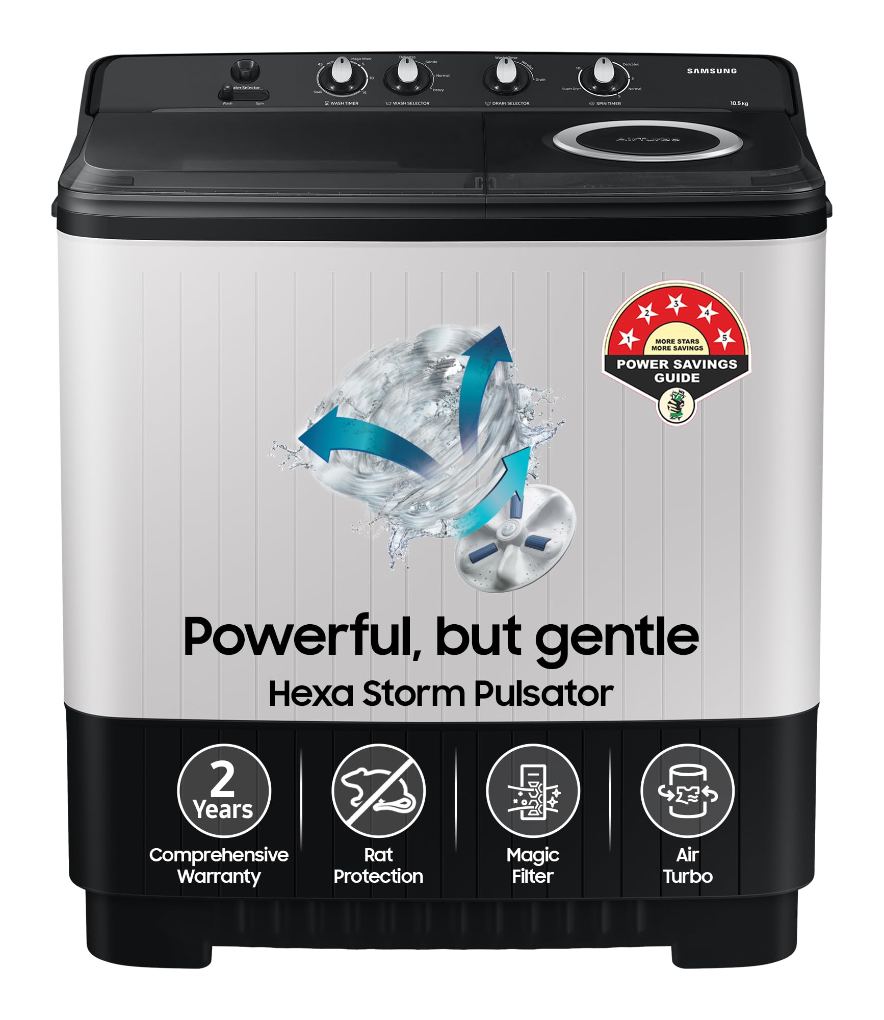 Samsung 10.5 kg, 5 star, Semi-Automatic Top Load Washing Machine (WT10C4260GG/TL, Air Turbo Drying, Light Gray,)