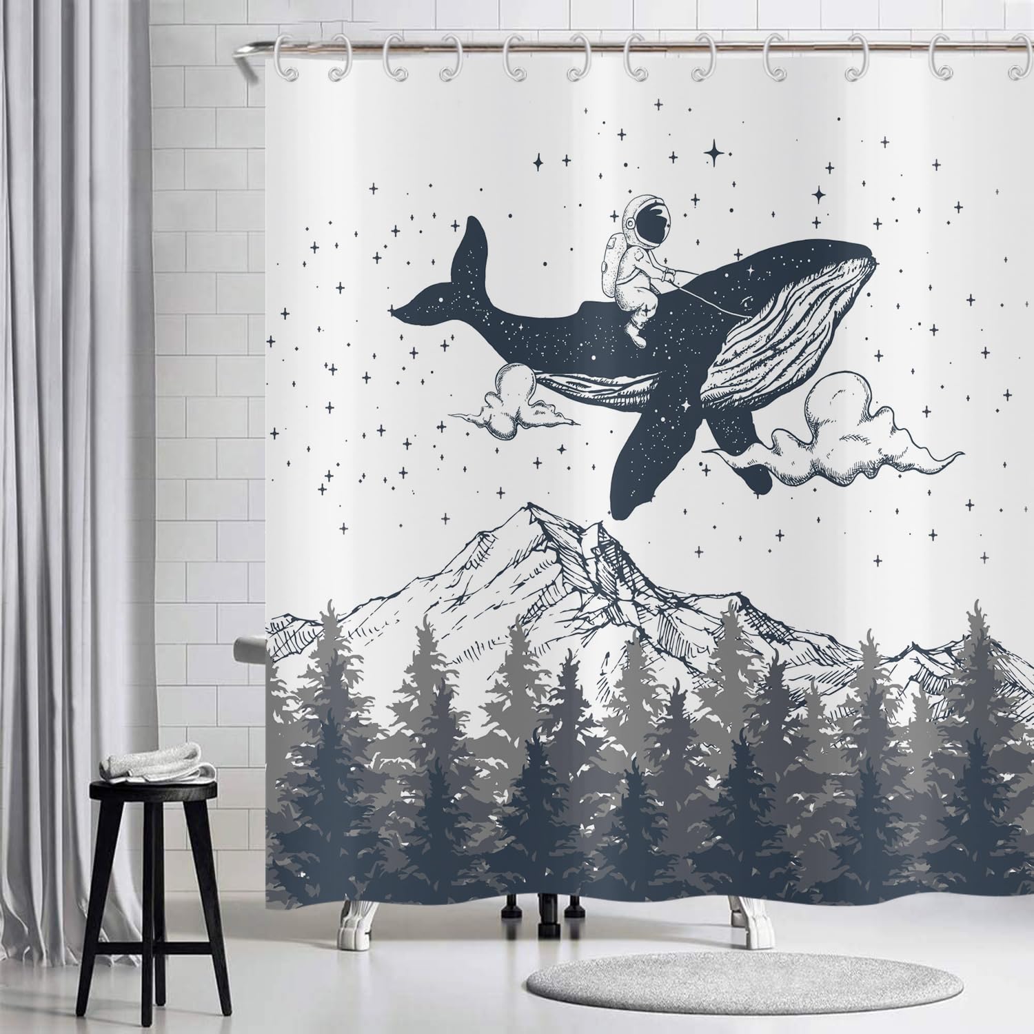 Hnmdmyi Funny Shower Curtain 120x180, Astronaut Riding Whale Shower Curtains Mountain Misty Forest Kids Bathroom Curtains with Hooks Waterproof Polyester Fabric Washable Bath Curtains for Wet Room — image 1