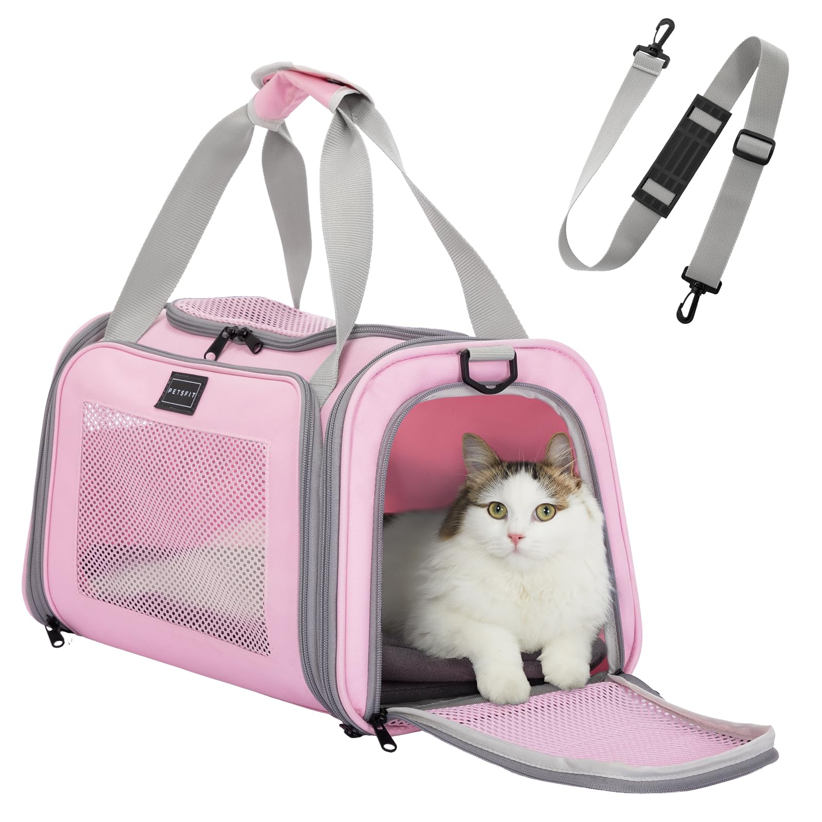Petsfit Transportbox Katze kleine Hunde leicht Hundetasche Flugzeug für kleine Hunde Katzen Transporttasche Hundetragetasche,Tragetasche Hund Flugtasche mit Schutzgurt & erweiterbare Matte, S/Rosa