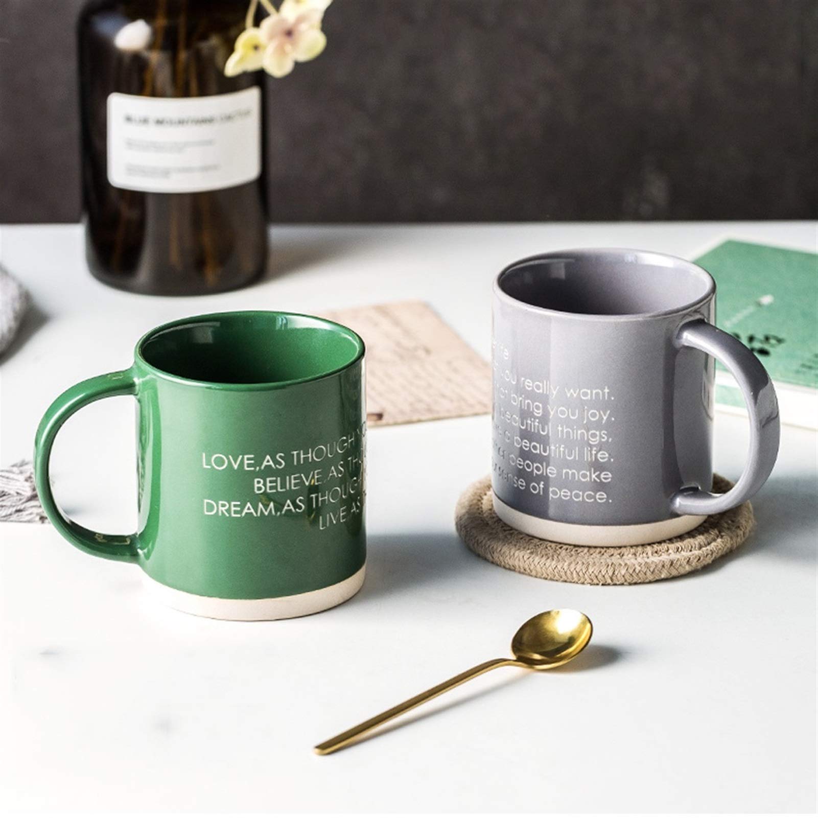Taza de café, Taza de té, Taza de café con asa, Conveniente para Viajar, Taza de cerámica Gris Verde de 350 ml (B)