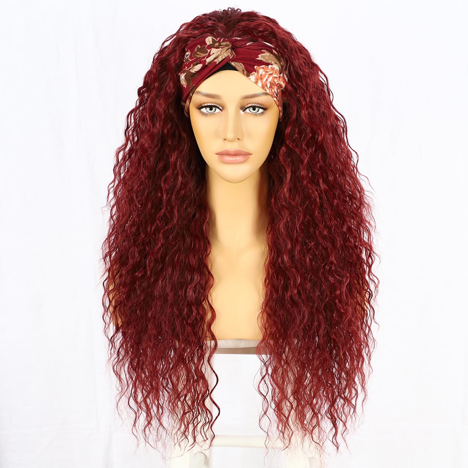 Sapphirewigs Lockige Stirnband Perücke lange rote Synthetische Haare lose Wasser Welle Stirnband Perücken für Frauen Kleberlos 150% Dichte 26 inch
