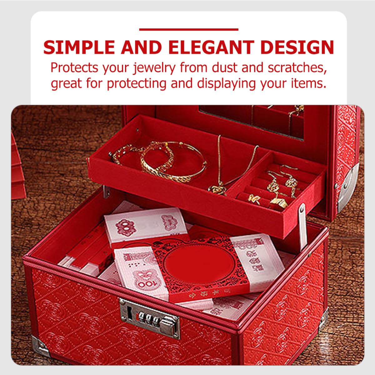 Boîte à Bijoux Rouge Élégante en Cuir Pu Serrure à Code, Coffret à Bijoux Vintage en Bois et Alliage D'aluminium, pour Mariage et Rangement Personnel