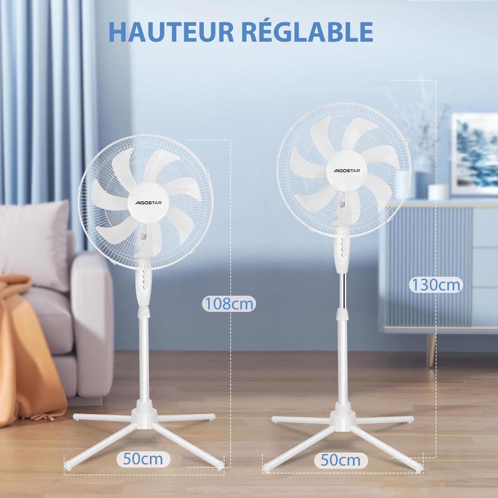 Aigostar Ventilateur sur Pied, 3 Vitesses, 7 Pales, Oscillation 75°, Stable et Silencieux, Hauteur réglable 108-125cm, 50W, Blanc - Erika