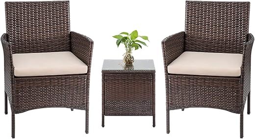 Tuoze 3 Pieces Furniture Rattan Outdoor Conversation Patio Set with Table Chairs Backyard Porch Decor, Grey