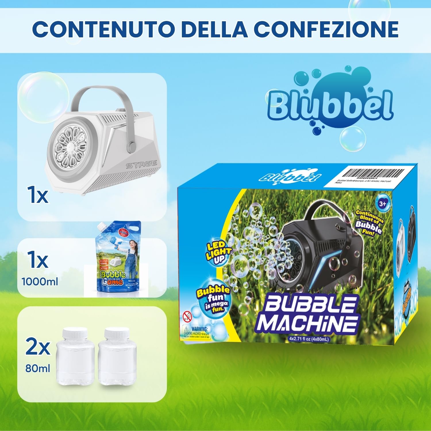 Blubbel Macchina Bolle di Sapone LED, 2x 90ml Liquido + 1L Automatico Pistola Sparabolle Bambini, Bazooka d'Aria, Bubble Gun, Giocattolo Estivo, Regalo Matrimonio, Gioco all’Aperto