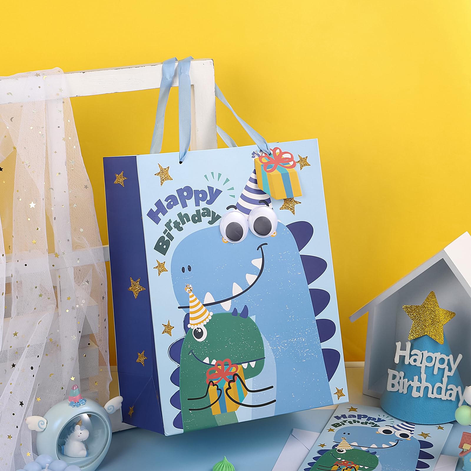 Loveinside Dinosaur Birthday Gift Bag Set, Medium Bag with Tissue Paper, Greeting Card and Tag, Blue Birthday Dinosaur Design, 10" x 5" x 13", 1 Pcs
