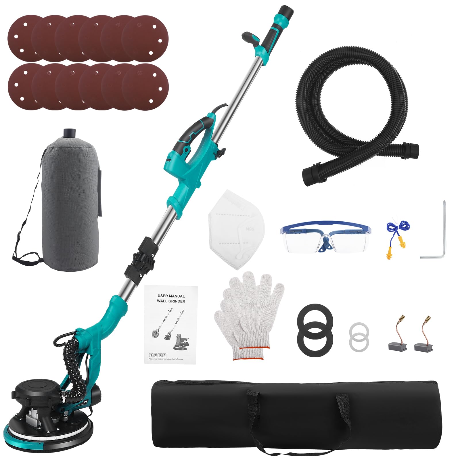 Levigatrice per Muro 850W con Giraffa Telescopica, 5 Velocità Regolabili (800-2100 giri/min), Testa di Rettifica Ø 215mm Inclinabile a 90° e Luce LED