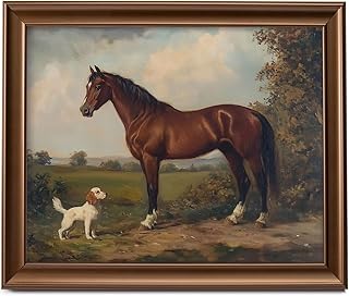 Framed Vintage Canvas Wall Art Decor, Horse and Dog Farmhouse Wall Prints for Bedroom Bathroom Office, Rustic Posters for Living Room Aesthetic, Nature Painting Artwork