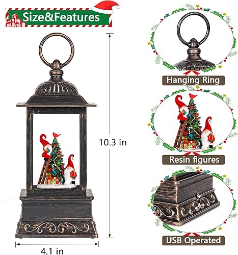 Miniatura 33 de Decoraciones de globos de nieve de otoño, linterna de gnomo con purpurina con temporizador de 6 horas, decoración iluminada alimentada por