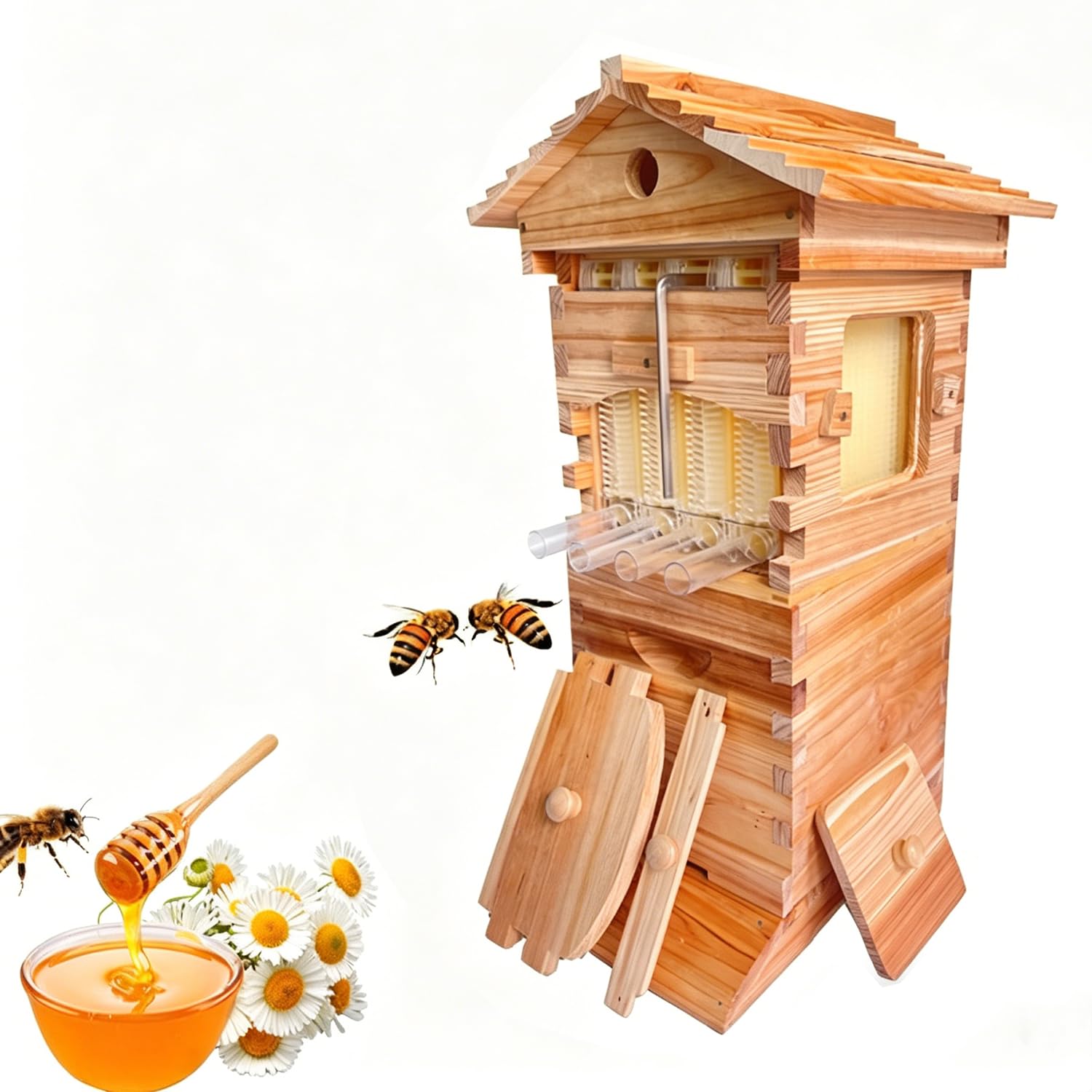 Kit de iniciación de colmena, caja de abejas de madera autofloreciente con marcos, bandejas de panal para principiantes y aficionados
