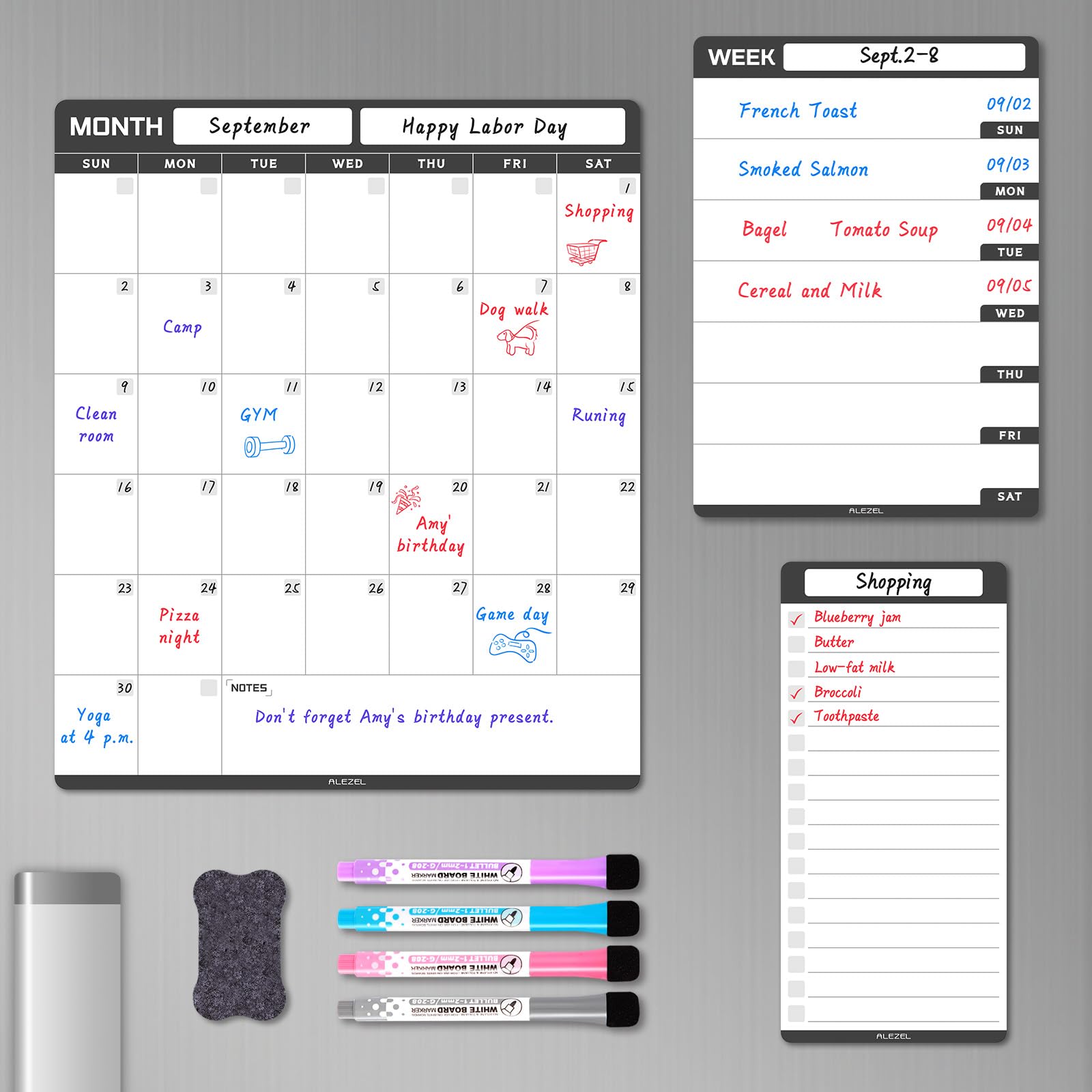 ALEZEL Magnetic Dry Erase Calendar for Refrigerator, Vertical Calendar Whiteboard for Fridge, Includes Magnetic Monthly Calendar & Weekly Dry Erase