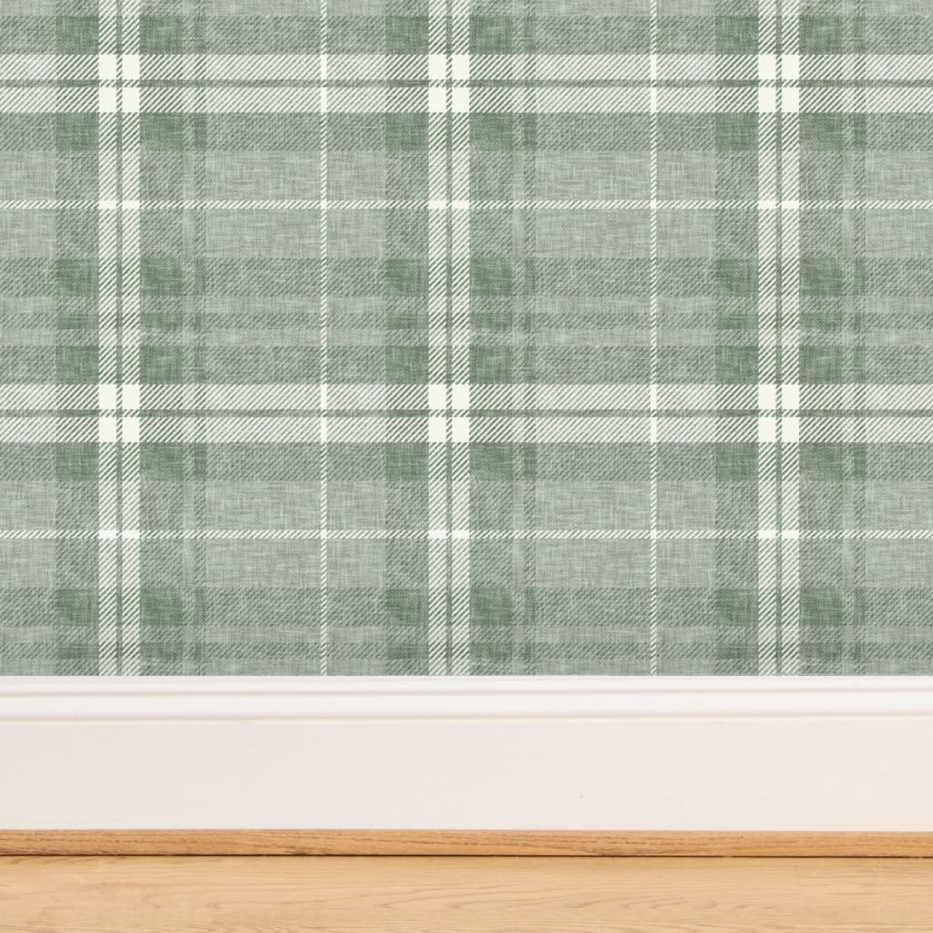 Spoonflower Commercial Grade Wallpaper Swatch - Sage Green Fall Plaid Distressed Check Tartan Autumn Neutral Traditional Wallpaper