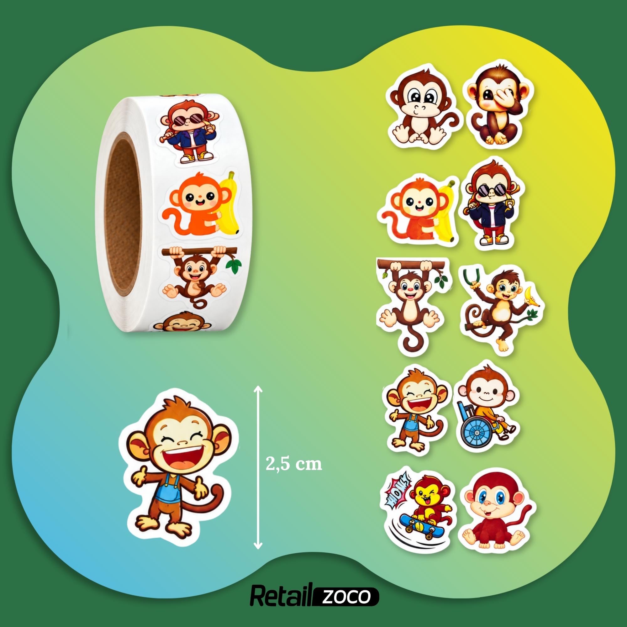 Rollo Pegatinas animales Monos para niños, animal stickers, 3 Unidades - imagen 4