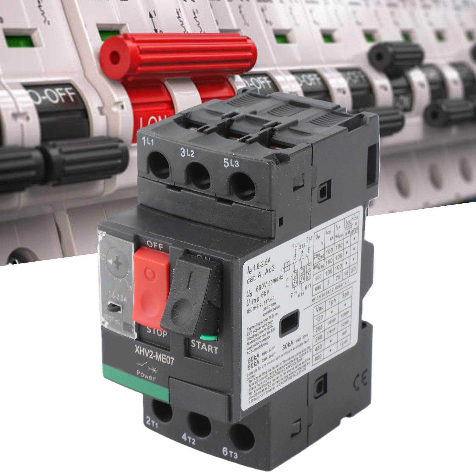 Disyuntor de Motor 3P 1.6-2.5A AC690V, Protección para Motor con Retardante de Llama, Montaje en Riel Guía de 35 mm, Interruptor de Circuito Trifásico para Control de Carga Industrial