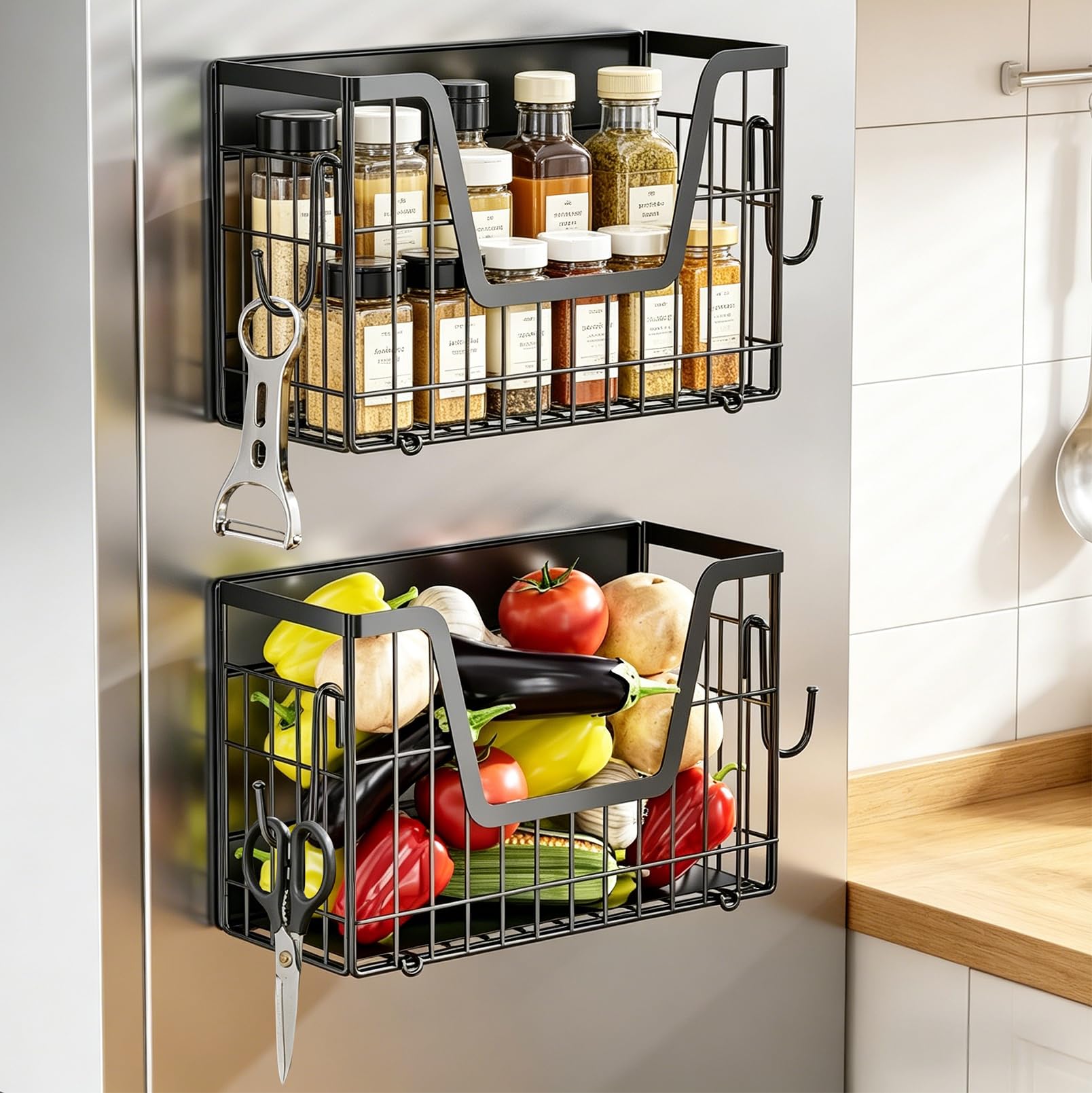 2 Stück Magnetische Kühlschrank Ablage | Klappbares Regal Magnetisch , Magnetische Lagerregal ohne Bohren mit Haken