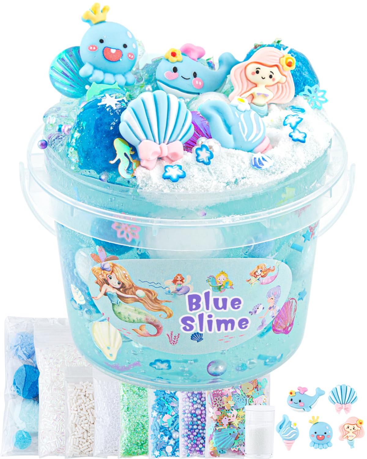 Mermaid Slime Kit, Okaybee 10 fl oz Blue Clear Slime Bucket Slime Party Favors for Kids Glimmer Crispy Slime with 9 Pack Slime Add-in for Stress Relief Slime Kit for 8-12 Years Old Girls Boys