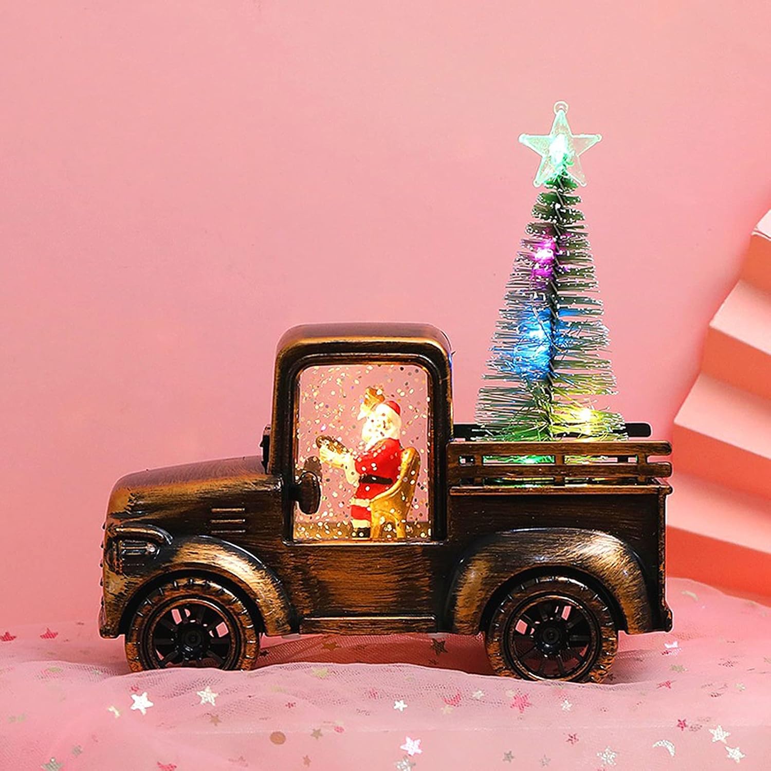 PerGar Santa Claus Driving Tractor with Lighted Christmas Tree, Vintage Santa Driving Christmas Tree Truck Lighted Snow Globe Lantern LED Christmas Tree(#1)