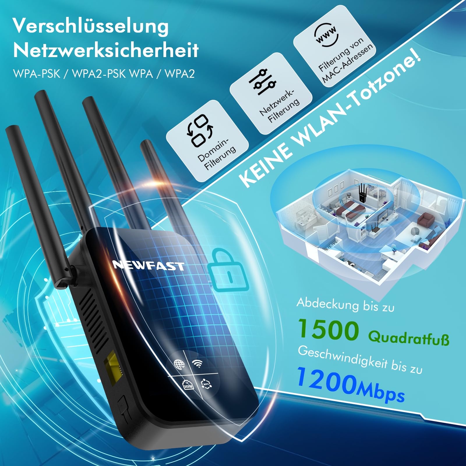 NEWFAST WLAN Verstärker,1200Mbps WiFi Extender Dual-Band WLAN Repeater | mit 4 Schwenkbare Antenne,WPS,MU-MIMO,Unterstützung Repeater/Router/Ap Modus für Zuhause und Büro,1-Tippen Einrichten,EU Plug