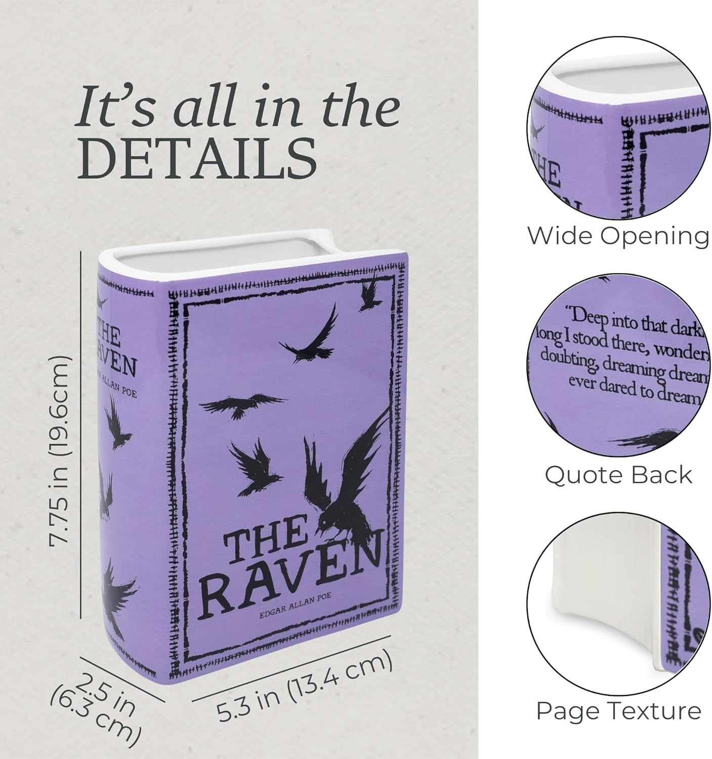 Steel Mill & Co Original Large Book-Shaped Decorative Vase, Ceramic Vases for Home Decor, Cute Bookshelf Decor, Unique Vase for Book Lovers, The Raven - Purple - Image 5