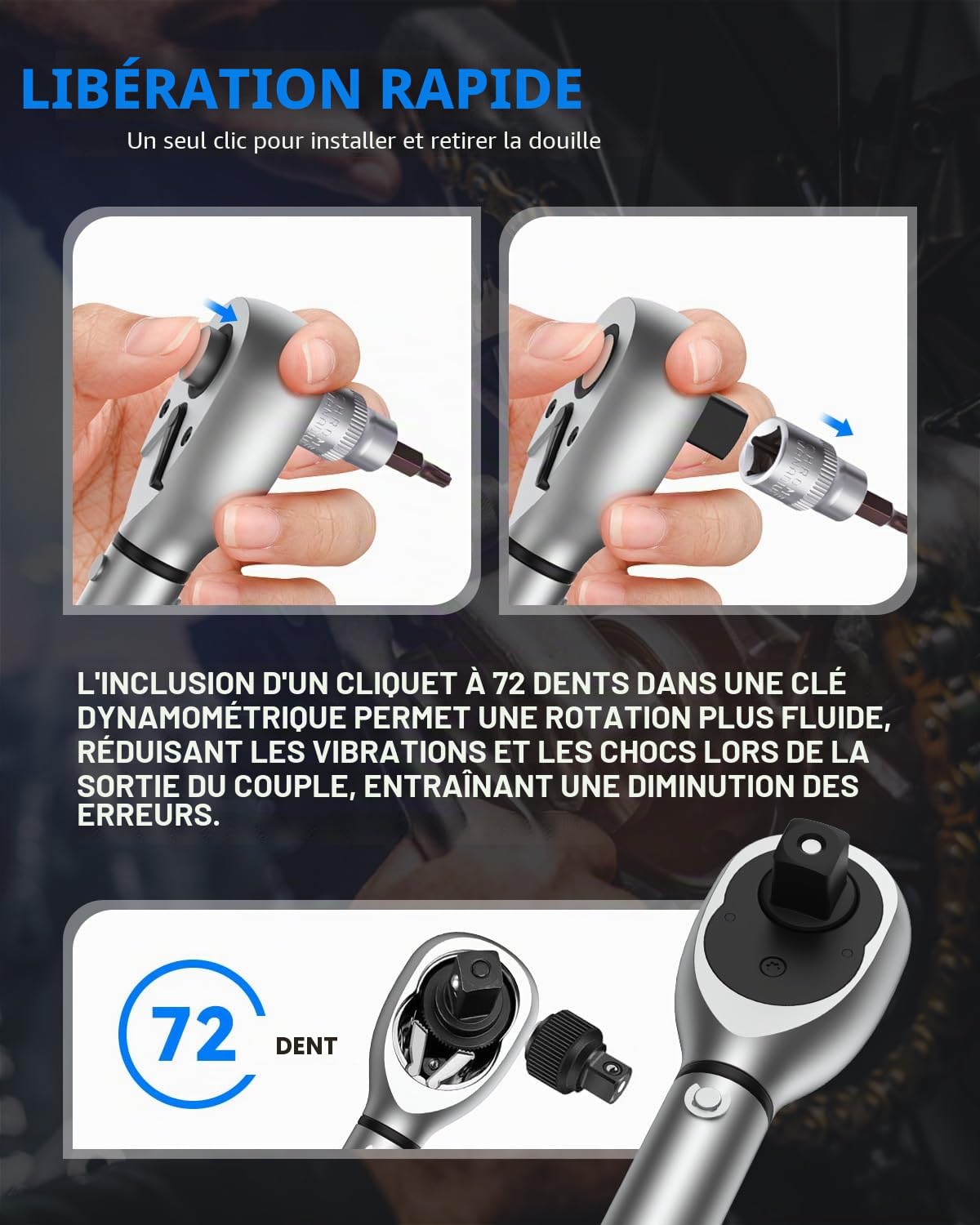 GOYOJO 5-60Nm Clé Dynamométrique 3/8" Haute Précision, ± 3%, Réglage Bidirectionnel à 72 Dents pour l'entretien de Motos, Vélos et Voitures