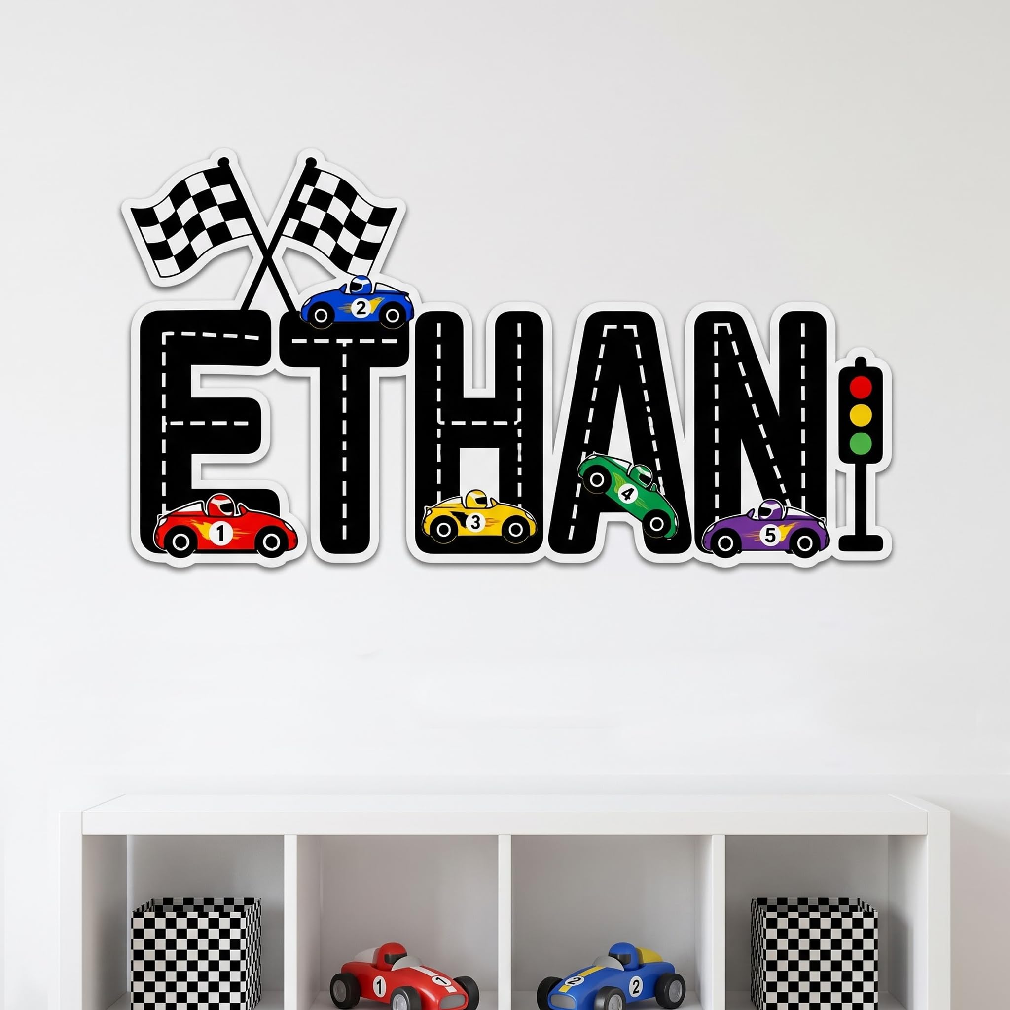 Racing Cars Stickers for Kids Playroom, Personalized Race Car Room Decor Custom Name Decal for Boys Bedroom Nursery Playroom (Style 3)