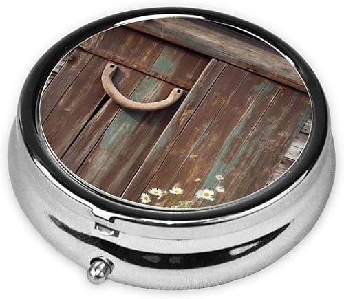 Miniatura 2 de Pastillero redondo con estampado de madera de herradura rústica, 3 compartimentos, pastillero portátil para medicina diaria, suplemento vitamínico