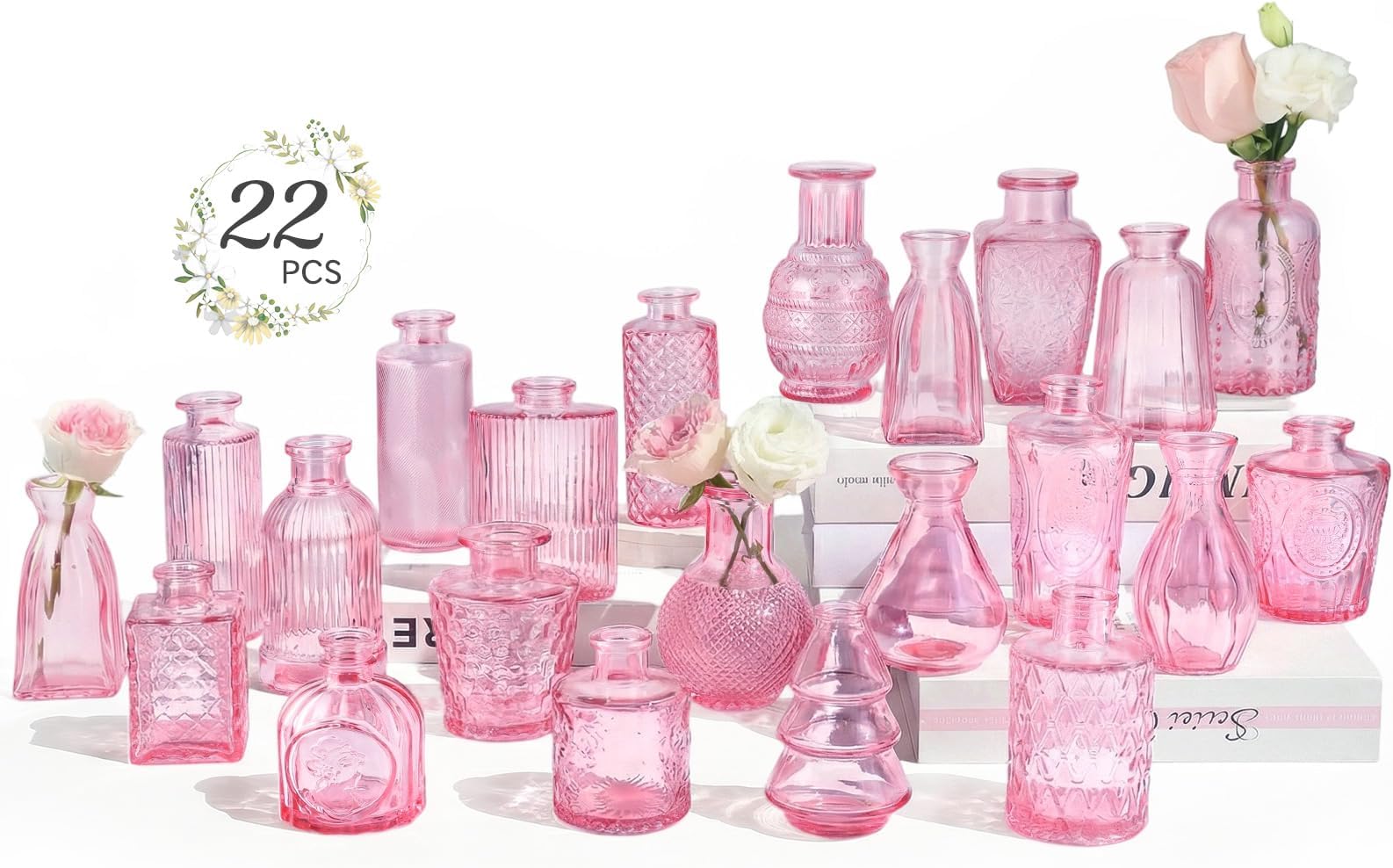 RUCKAE Pink Flower Vase in Bulk 22 Glass Bud Vases Vintage Small Vases for Centerpiece Table Wedding Decorations Home Decor Party