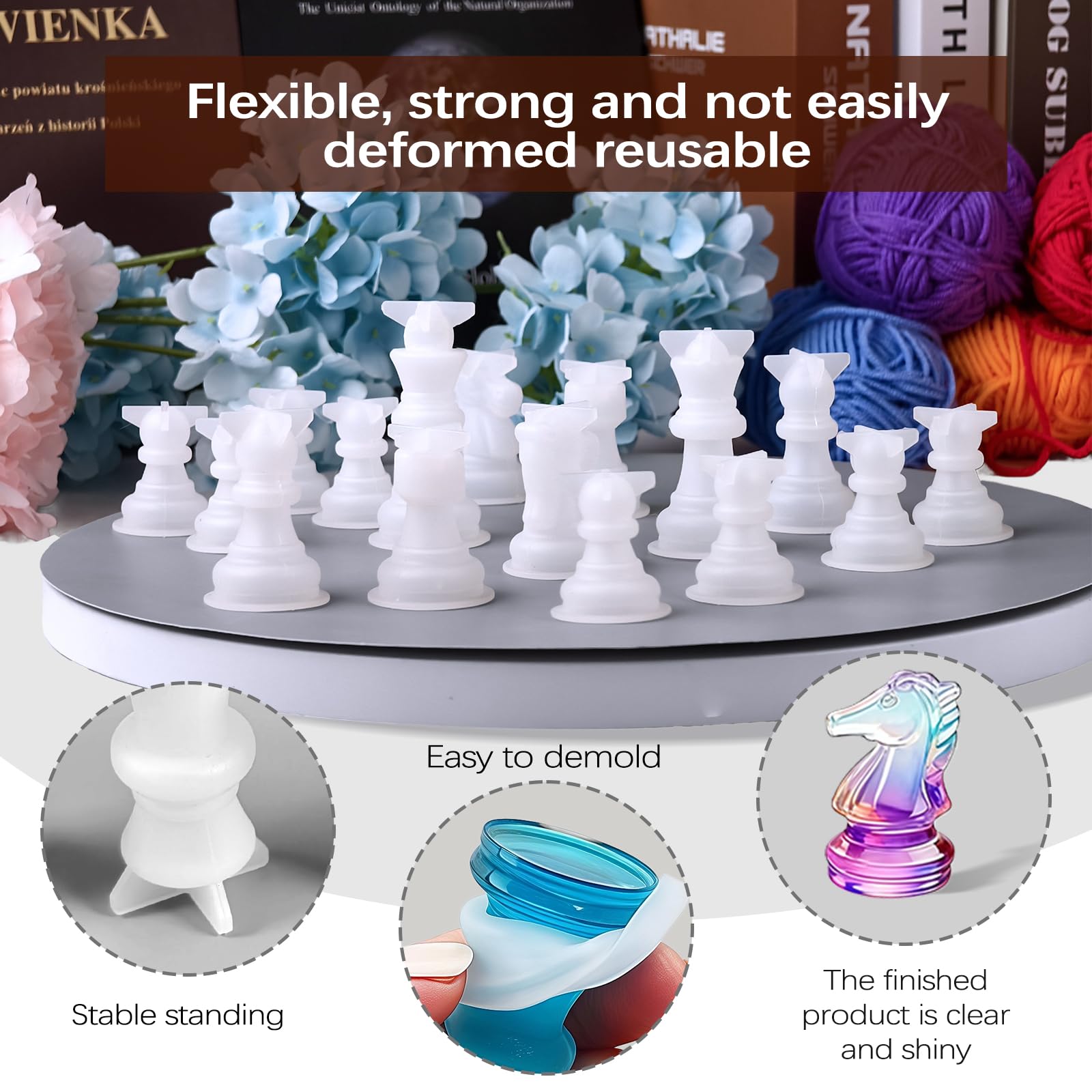 Kit Moules échecs Résine – 16 Pièces Full Size, Silicone, Supports Inclus, Pour DIY Décoration