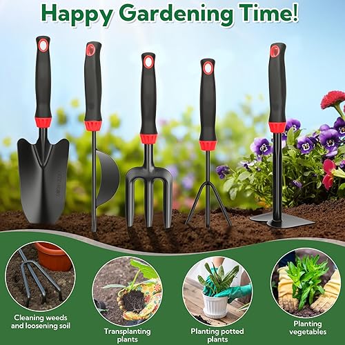 Miniatura 6 de Juego de 10 herramientas de jardinería de alta resistencia, material de acero al carbono reforzado con mango ergonómico antideslizante, bolsa de