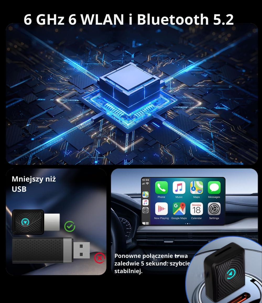 Bezprzewodowy CarPlay i Android Auto 2026 SwiftLink LITE Adapter Bluetooth iPhone Android | Wyższy Komfort Jazdy | Stabilna i Płynna Transmisja Plug&Play | Połączenie bez Kabli i Nowoczesny Design