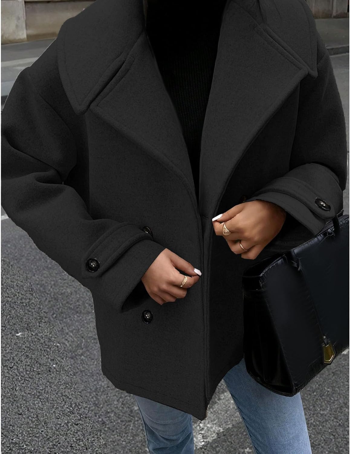 ECDAHICC Womens Wool Blend Lapel Coat Fall Winter Pea Coat Double Breasted Blazer Jackets Fashion Coat