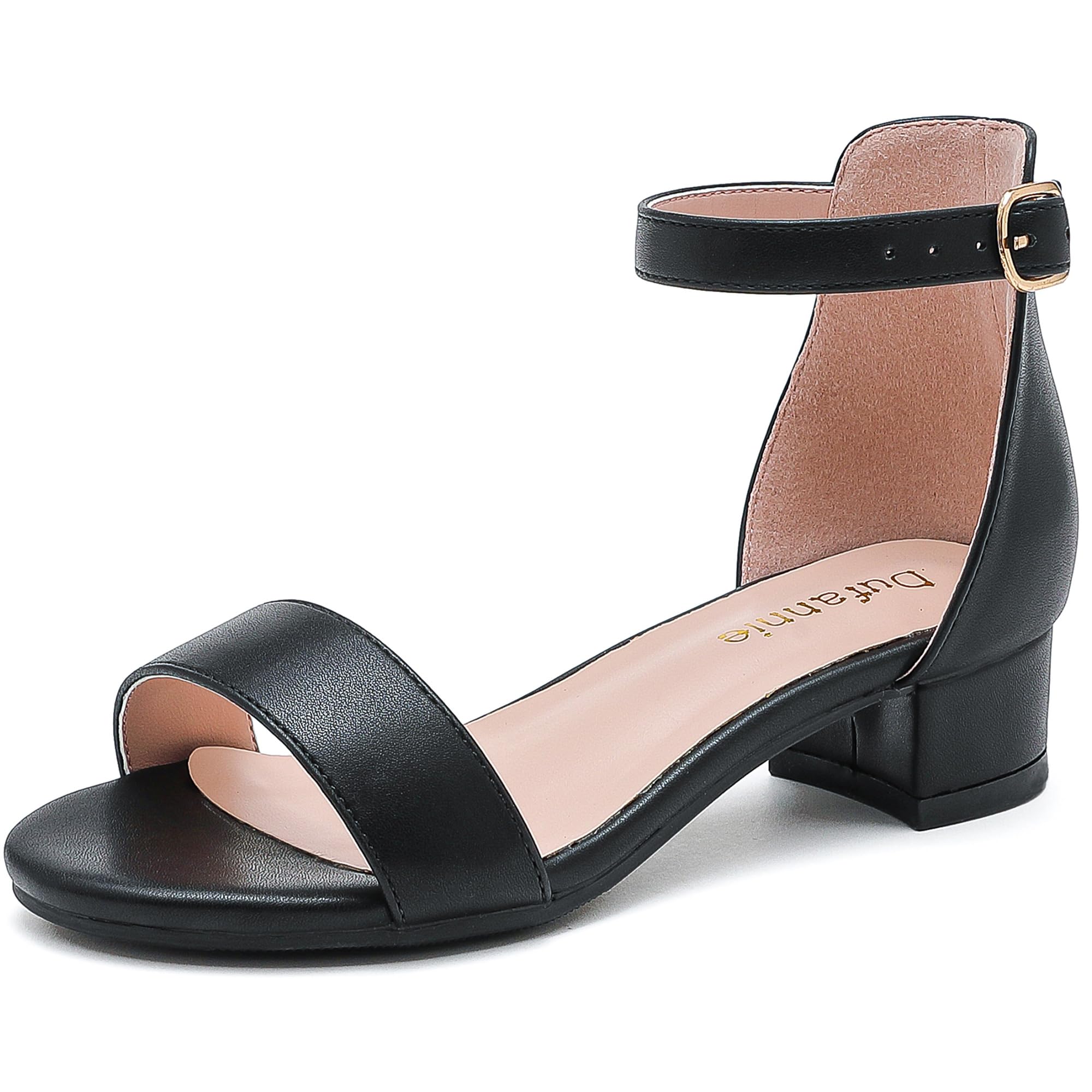 Dufannie Girls Sandals Low Heels Dress Pump Ankle Strap Open Toe Flower Girl Wedding Party for Toddler Little Big Kid