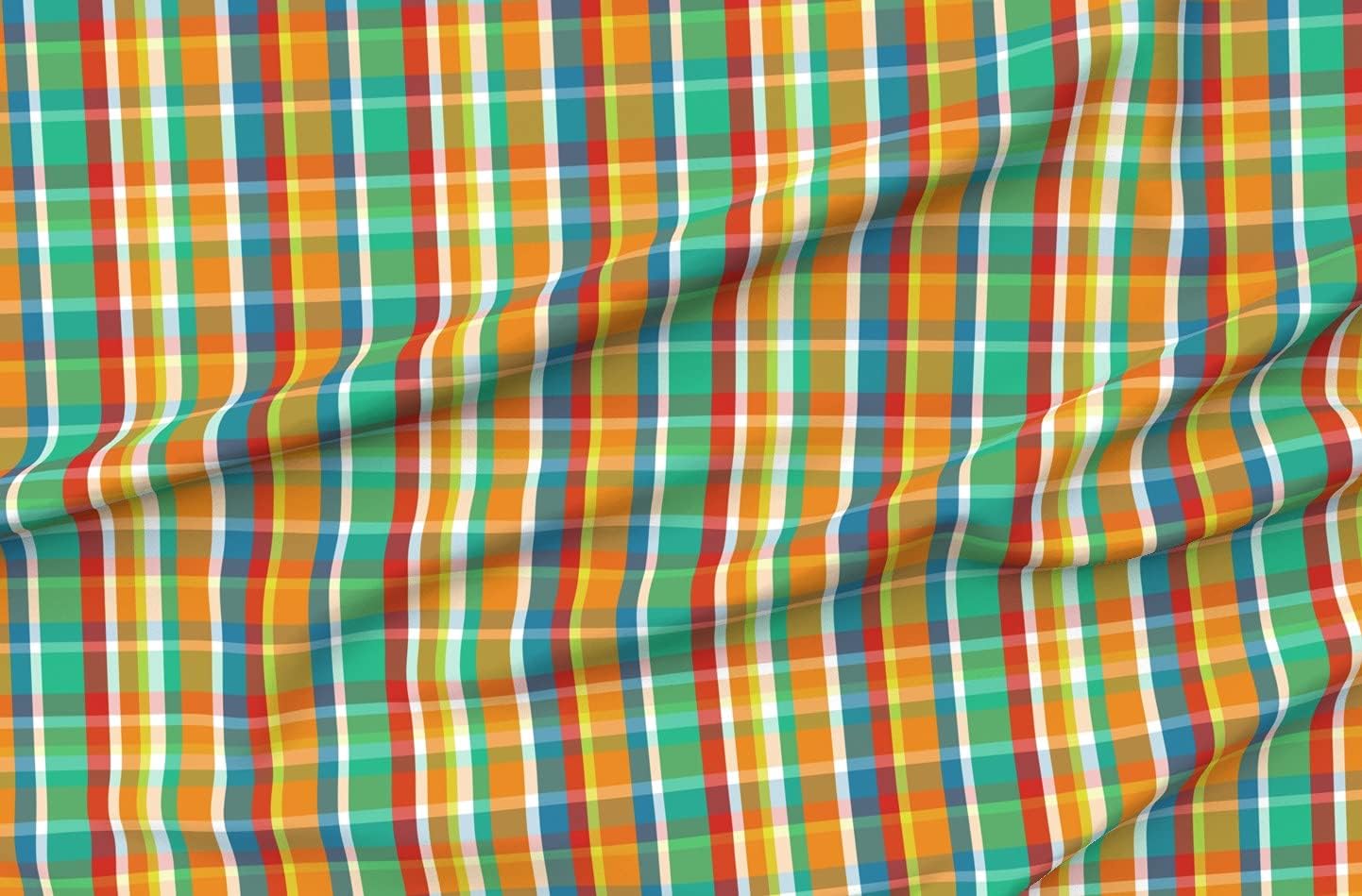 Spoonflower Fabric - Plaid Tangerine Colorful Orange Teal Printed on Polartec(R) Fleece Fabric by the Yard - Sewing Blankets Loungewear and No-Sew Projects