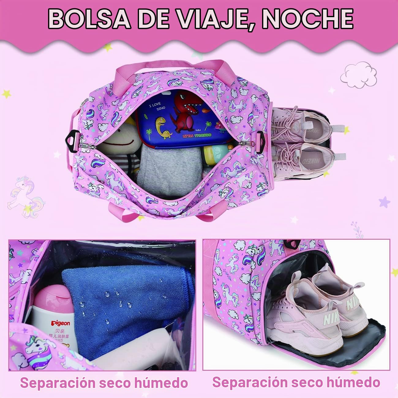 Bolsa de Deporte para Niños, RAVUO Resistente al Agua Bolso de Viaje Weekender Bolso de Mano Bolso de Viaje para niños con Compartimento para Zapatos y Bolsillo para Mojado