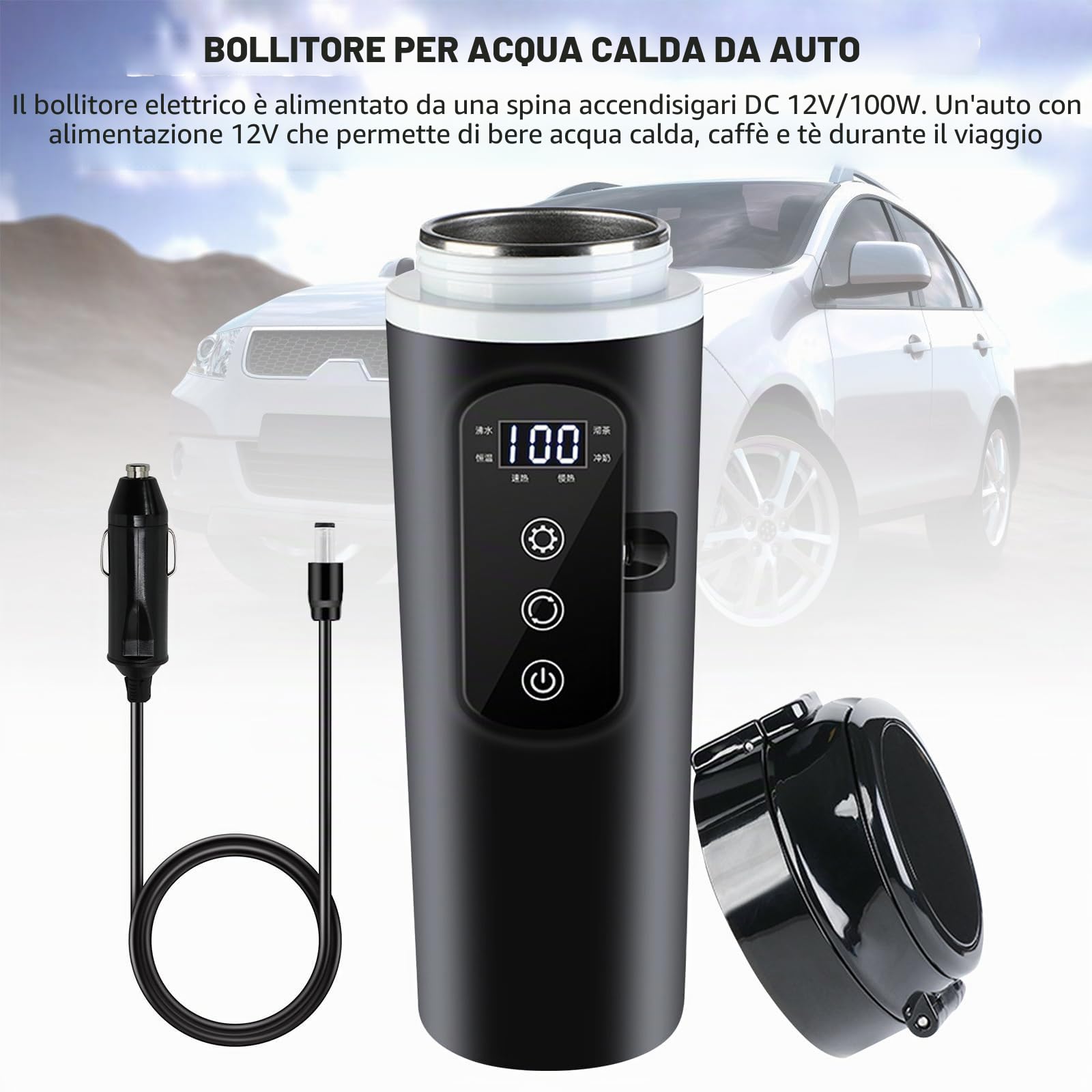 PORFOYO Bollitore elettrico per auto, tazza da viaggio 24V/12V, bollitore elettrico da 500 ml, nero, in acciaio inox, con display per auto e viaggi
