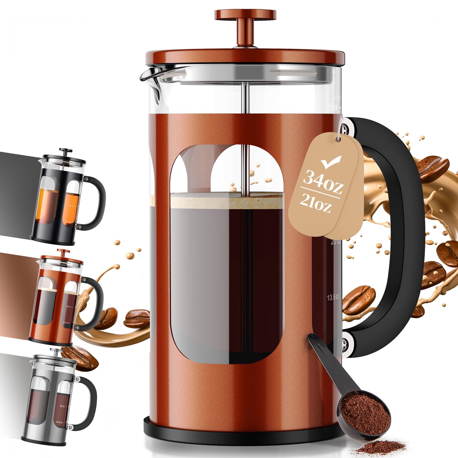 Veken French Press Coffee Maker,No Plastic Touching Cafe,34oz 1L Cafetera | Heat Resistant Thickened Borosilicate Glass Stainless Steel Brewer, Cold