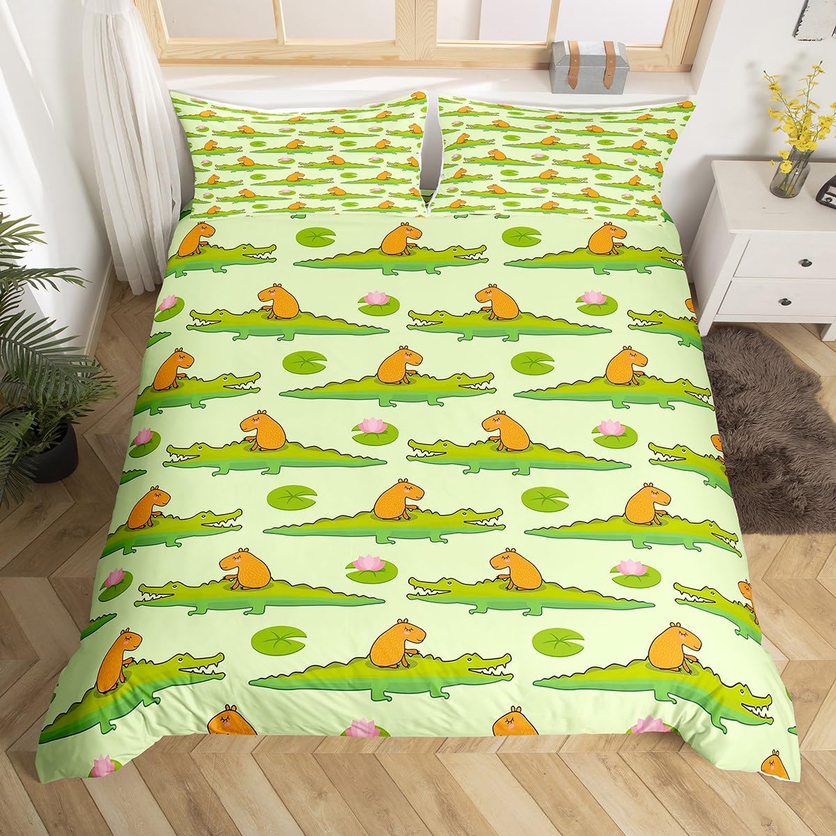 Homewish Capybara Comforter Cover for Toddlers Kids, Cartoon Crocodile Duvet Cover Cute Animal Bedding Set Watercolor Botanical Lotus Quilt Cover for Boys Girls Youth Bedroom Collection, Double — image 1