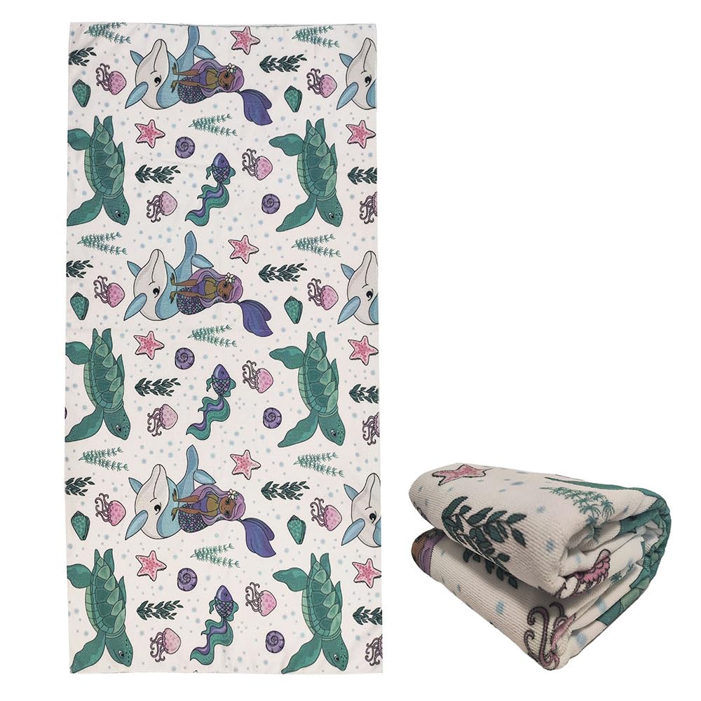 stampringt Extra Large Cute Sea Turtle Mermaid White Beach Towels for Adult Girls, Big Oversized Thick Microfiber Terry Cloth Sandproof Quick Dry 30 x 60